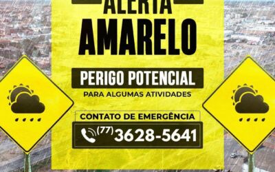 O Instituto Nacional de Meteorologia emitiu neste sábado (19) de abril ALERTA AMARELO DE CHUVAS INTENSAS para Luís EduardoMagalhães – Bahia.